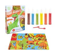 Sabbiarelli Sand-it For Fun - Kit Dinosand, Set Créatif de Sand Art 5+ : 6 Stylos de Sable Coloré et 5 Feuilles Adhésives A6 avec 10 Dinosaures à Colorier - Atelier Sensoriel, Idée Cadeau