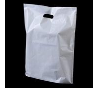Sabco Lot de 100 sacs en plastique avec poignées plaquées - 38,1 x 45,7 x 7,6 cm - Blanc - Sacs résistants à la traction - Idéal pour les boutiques, les vêtements,