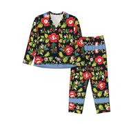 SABFWF Ensemble de pyjama pour femme avec broderie ukrainienne - Imprimé rose - Confortable - Noël - Pyjama familial assorti, Noir , XXL