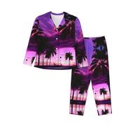 SABFWF Ensemble de pyjama pour femme avec imprimé palmier violet coucher de soleil, vêtements de détente confortables pour Noël, pyjama familial assorti, Noir , XL
