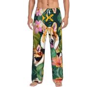 SABFWF Pantalon de pyjama en flanelle imprimé fleurs tropicales et corgi pour homme, parfait pour les week-ends paresseux, Noir , M
