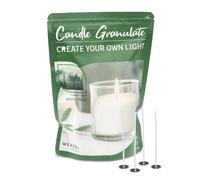 Sable de bougie pour sapin de Noël parfumé, granulé, 400 g, cire de paraffine blanche, pour bougies de bricolage, avec 4 mèches et porte-mèches, cire de haute qualité, idéal pour plusieurs bougies