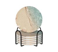 Sable de mer avec étoiles de mer,Lot de 6 Dessous de Verre Ronds en céramique pour Tasses et Tasses avec Support