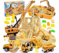 Sable Magique, Chantier de Construction Bac à Sable Magique avec 1000g Super Sand, Grue Jouet, 5 Mini Véhicules & 14 Moules de Sable, Jouets Sensoriels Jouets de Sable Cadeau pour Enfant Garçon Fille