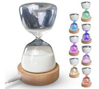 FISHTEC - Sablier Lumineux 15 Minutes - Sablier Décoratif 7 Couleurs et 3 Modes - en Verre Organique - Socle en Bois - Rechargeable en USB - Bouton Touch - Jeux, Cuisine, Activités Chronométrées