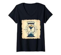 Sablier pour Professeur d'histoire, Voyageur dans Le Temps, Vintage, Aventure T-Shirt avec Col en V, Femme, Noir, XL