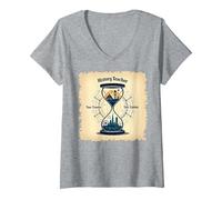 Sablier pour Professeur d'histoire, Voyageur dans Le Temps, Vintage, Aventure T-Shirt avec Col en V, Femme, Gris Chiné, S