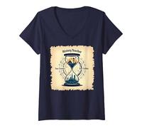 Sablier pour Professeur d'histoire, Voyageur dans Le Temps, Vintage, Aventure T-Shirt avec Col en V, Femme, Bleu Marine, S