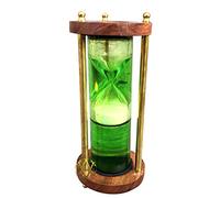 Sablier/sablier vintage vert rempli de liquide sur base en bois avec plaque en laiton gravée « Old Sand Timer 1817 » pour dessus de table/bureau