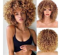 Sabosi Perruque afro brune blonde brésilienne synthétique brésilienne emmêlée bou cheveux naturels pour femme Kinky Curly avec frange Perruques courtes pour femme noire