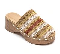 Sabots à talon plateforme effet bois avec détail tressé multicolore - Style bohème chic C'est une touche moderne et contemporaine, une plateforme qui inspire le style. La texture est un contraste, la