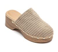 Sabots à talon plateforme effet bois avec détail tressé multicolore - Style bohème chic C'est une touche moderne et contemporaine, une plateforme qui inspire le style. La texture est un contraste, la 