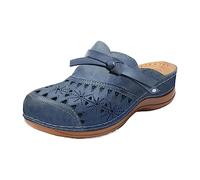Sabots pour femme en cuir et bois - Sandales de plage antidérapantes - Mules d'extérieur - Pantoufles d'été avec talon compensé à l'avant - Arrière fermé - Chaussures ouvertes - Respirantes, bleu, 39