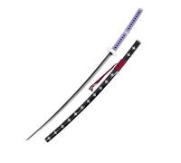 Sabre décoratif de Trafalgar Law de One Piece - Non Officielle - Lame en Acier Noir de 140 cm avec Coupe satinée - Poignée en Cordon Violet et Tsuba recouvert de Velours - Support