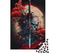 Sabre Samouraï Fleurs Rouges Puzzle 1000 Pièces Puzzle pour Adultes Scène Nocturne Décor Cadeau 52x38cm/1000pcs