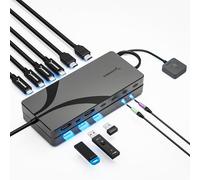 SABRENT Commutateur KVM USB C pour 3 ordinateurs, Thunderbolt/USB4 KVM, DisplayPort 1.4, 8K 60Hz 4K 144Hz, double USB C 60W, charge 3 ports USB, audio, télécommande (USB-C3KM)