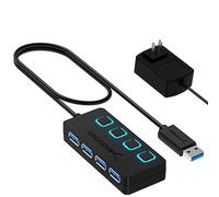 Sabrent HUB USB 4 ports avec LED et boutons d’alimentation individuels, adaptateur secteur 5V/2.5A inclus (HB-UMP3)