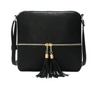 Sac à bandoulière 1 pièce avec pompons et compartiment, sac à bandoulière en cuir noir, bandoulière réglable, excellent cadeau pour votre meilleure famille ou vos amis, Noir