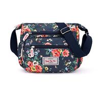 Sac à bandoulière / à main en nylon imperméable multi-poches pour femme, Bleu floral, taille unique