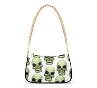 Sac à bandoulière amusant pour femme avec motif crânes et fleurs - Vert - Pour fête - Avec chaîne - Fermeture éclair - Taille M