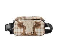 Sac à bandoulière avec vache écossaise, marron pastel, sac à bandoulière tendance, sac banane pour femme, homme, adolescent, petite boucle, poche poitrine avec sangle réglable, pour voyage, gym