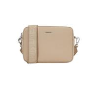 Sac à bandoulière beige uni lisse avec le nom de la marque et une anse large