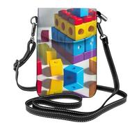 Sac à bandoulière coloré à motif blocs de construction, portefeuille en cuir à rabat, bandoulière amovible, adapté pour les voyages et le camping.