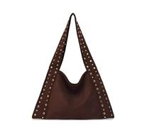 Sac à bandoulière de grande capacité style coréen rétro en daim avec rivets | Sac de voyage aux aisselles style locomotive couleur unie cool