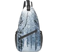 Sac à bandoulière élégant, Motif Hivernal enneigé, Paysage idyllique du Petit Matin, saisonnier, Noël, Nature, Bleu, Blanc, Sac à Dos léger et décontracté, Unisexe
