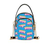 Sac à bandoulière en chaîne pour femme, motif tramways roses sur bleu matelassé, sac à main de voyage, sac à main pour téléphone portable