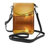 Sac à bandoulière en cuir à motif avion au coucher du soleil, étui de téléphone à rabat, adapté pour les voyages, la randonnée, le camping ou une utilisation quotidienne.