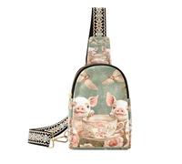 Sac à bandoulière en cuir anti-vol Motif tasse de thé cochon fleur rose, Dessin animé mignon tasse à thé cochon fleur rose, 1 size