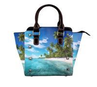 Sac à bandoulière en cuir imprimé île avec plage de sable et palmiers avec rivets, sangle réglable, plusieurs poches pour femme, école, bureau, voyage., Noir , Taille unique