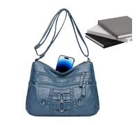 Sac à bandoulière en cuir pour femme - Sac à bandoulière tendance en polyuréthane - Sac à main multi-poches - Sangle réglable - Grande capacité pour les voyages de travail, bleu, Voir description