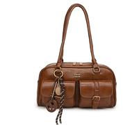 Sac à bandoulière en cuir synthétique PU pour femmes, sac vintage à Boston avec pendentif, pochette unie idéale pour voyager, travailler et un usage quotidien