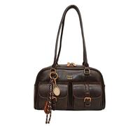 Sac à bandoulière en cuir synthétique PU pour femmes, sac vintage à Boston avec pendentif, pochette unie idéale pour voyager, travailler et un usage quotidien