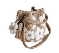 Sac à bandoulière en maille beige fait main en crochet avec joli pompon en forme de fleur, blanc, Taille unique