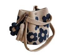 Sac à bandoulière en maille beige fait main en crochet avec joli pompon en forme de fleur, bleu, Taille unique