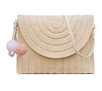 Sac à bandoulière en paille pour femme - Sac à main tissé - Enveloppe de plage, Beige/blanc.