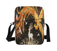 Sac à bandoulière en polyester avec motif phénix et élan, style chinois, 16,8 x 23,9 x 6,3 cm, multi-compartiments, pour le quotidien, les voyages, l'école et le cadeau décontracté