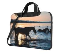 Sac à bandoulière en tissu Oxford 600D résistant aux chocs pour ordinateur portable Motif coucher de soleil Chevaux du lac Imprimé Pour un usage quotidien, Noir , 13 inch