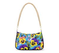 Sac à bandoulière esthétique avec fermeture éclair - Violet et jaune - Fleurs de pensées bleues - Sac à main artistique pour femme - Sac à main Hobo avec sangle de chaîne