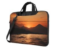 Sac à bandoulière étanche pour ordinateur portable avec poignée et bandoulière Motif montagne et eau au coucher du soleil, Noir , 15.6 inch