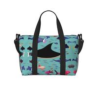 Sac à bandoulière fourre-tout à imprimé raie manta et poisson avec fermeture éclair, sac à main décontracté pour les voyages de week-end et la salle de sport shopping, Noir , Taille unique, Sac de