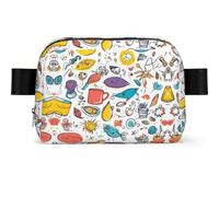 Sac à bandoulière imperméable avec plumes colorées dessinées à la main sur imprimé blanc avec grande ouverture latérale, sac banane durable pour la course à pied, le cyclisme, les voyages
