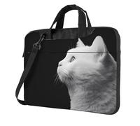 Sac à bandoulière imprimé chat blanc regardant au loin, pour ordinateur portable, facile à utiliser lors de vos voyages d'affaires, Noir, 14 inch