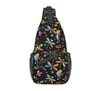 Sac à bandoulière Libellule coloré libellules Motif sans Couture avec Fleurs colorées sur Fond Noir Sac de Poitrine Mignon imprimé Insecte Voyage randonnée pour Homme
