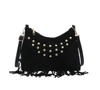 Sac à bandoulière marron foncé avec franges cloutées sur le devant et longs | Des rangées de clous métalliques décorent l'avant au-dessus de longues franges, tandis que les sangles latérales contrastées