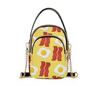 Sac à bandoulière matelassé pour femme avec sangle de chaîne imprimée fermeture éclair sacoche bandoulière fourre-tout illustré œufs de bacon jaune