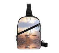 Sac à bandoulière pliable blanc motif voilier au coucher du soleil, sac à bandoulière léger résistant à l'eau pour voyage, randonnée, usage quotidien, sangle réglable, double poches zippées
